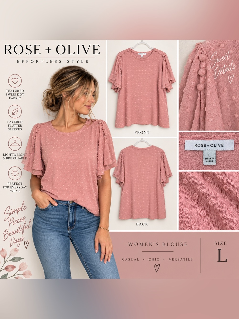 Rose & Olive Women's Pink Dot Flutter Sleeve Blouse